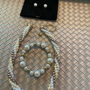 Avon Pearl and Gold-Tone Bead Necklace and Bracelet Set - White, Champagne, Gold